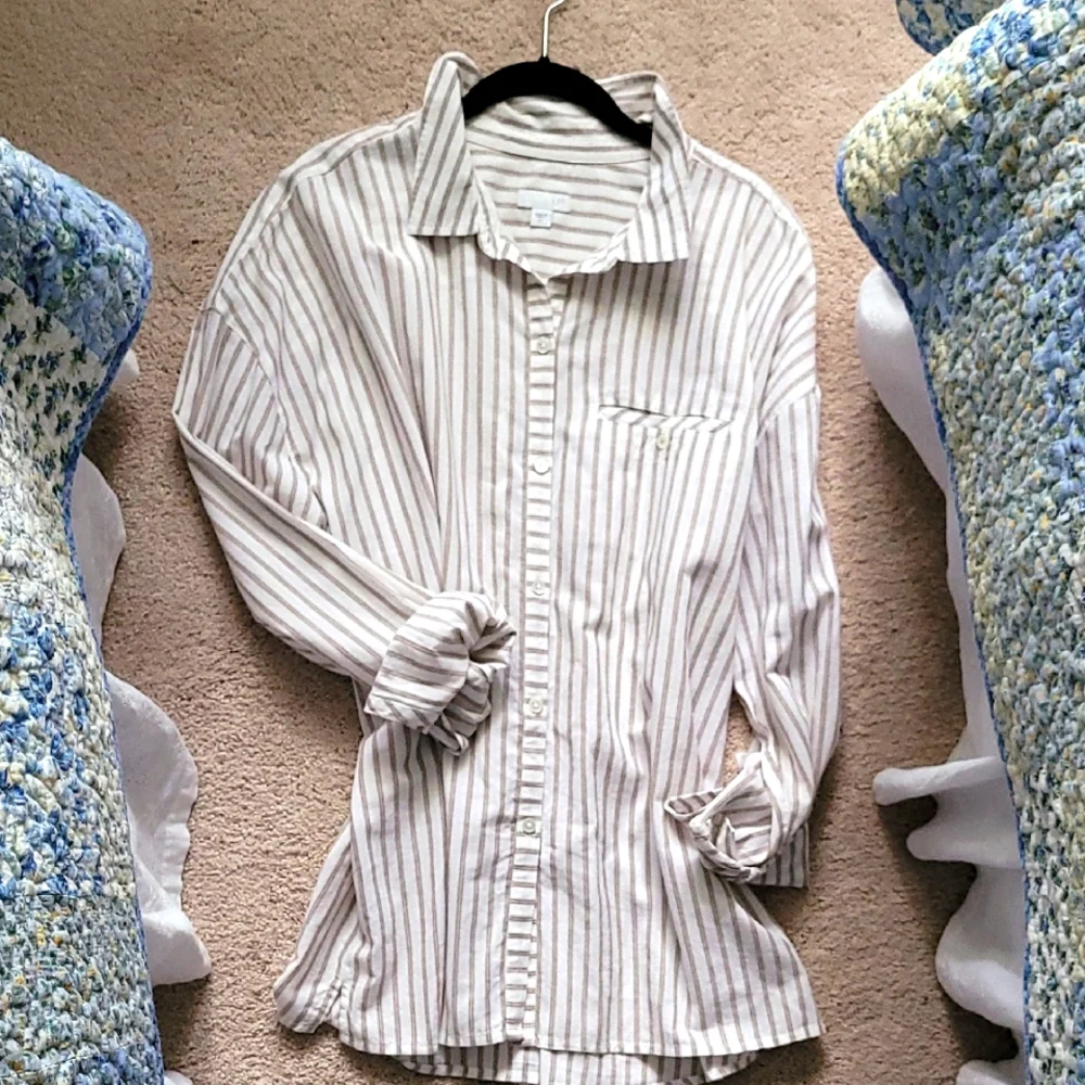 J.Jill XL White & Tan Stripe Casual Button Down Tunic - Picture 1 of 9